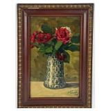 1926 P. Sauen Rose Still Life Oil On Canvas Board