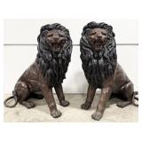 Pair Of Monumental Seated Lions Bronze Statues