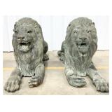 Pair Of Monumental Laying Lions Bronze Statues