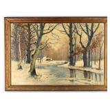 1952 John Krogmann Rural Winter Landscape Oil On C