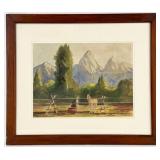 Jane Messick Horses With Mountains Watercolor On P