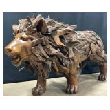 7'3' Teak Wood Walking Lion Sculpture