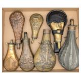 (7) Antique Brass Powder Flasks
