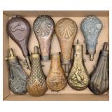 (9) Antique Brass Powder Flasks