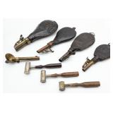 Antique Leather Shot & Powder Flasks & Measuring C