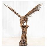 7ft Wide Teak Wood Perched Eagle Sculpture