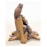 3ft Carved Wood Owl & Owlets Sculpture