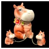 (3) Hippo Ceramic Figurines Set