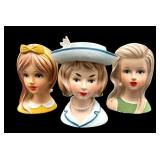 (3) Ceramic Lady Head Vases