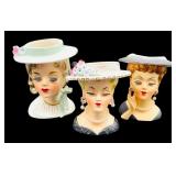 (3) Ceramic Lady Head Vases