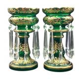 (2) Emerald Green Art Glass Mantle Lusters