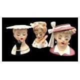 (3) Ceramic Lady Head Vases