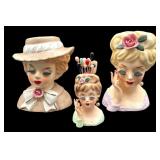 (3) Ceramic Lady Head Vases and Pin Cushion