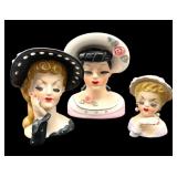 (3) Ceramic Lady Head Vases