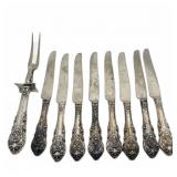 9 Wallace Sterling Dinner Knives and Meat Fork