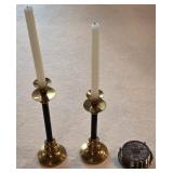 Pair Of Brass/ Black Candlesticks With Coaster Set