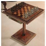 Handmade Laquered Wooden Chessboard With Carved Me