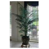 Faux Palm Asian Style Planter With Floral Motif