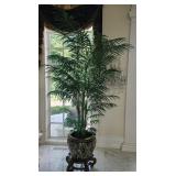 Faux Palm Asian Style Planter With Floral Motif