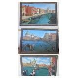 3 Venetian Canal Themed Paintings On Wood With Orn
