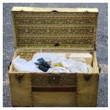 Vintage Beige Trunk With Wooden Accents & Contents
