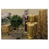 Christmas Decor Gold Pillars, Carved Wood Santa, A
