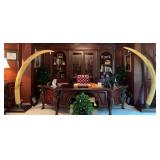 Pair Replica Taxidermy Elephant Tusks on Walnut Pe