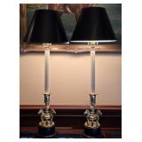 Two Brass Horse Lamps W/ Fabric Shade