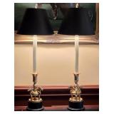 Two Brass Horse Lamps W/ Fabric Shade