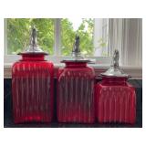 Set Of 3 Ribbed Red Glass Canisters With Pewter Ho