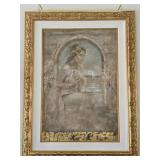 Woman Watching Fountain In Decorative Gold Frame