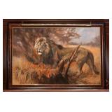 Original 1994 Savanah Lion Scene Oil On Canvas By