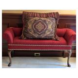 Queen Anne Style Upholstered Red Settee W/ Decorat