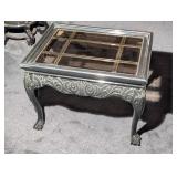 (2) Carved Wood Black Lacquer Glass Top End Tables