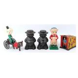 Cast Iron Porky, Cabin, Nodder, and Amish Boy
