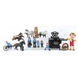 Cast Iron Banks, Stove, Horses, and Wood Pinocchio