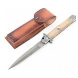 Custom 13in Damascus Horn Handle Switchblade Knife