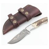 Custom Stag Damascus Clip Point Hunter w/ Sheath