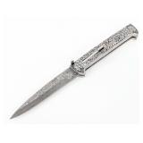 Custom 11in Damascus Steel Engraved Switchblade Kn