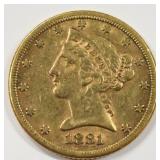 1881 $5 Liberty Head Half Eagle Gold Coin