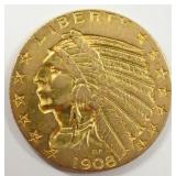 1908 $5 Indian Head Half Eagle Gold Coin
