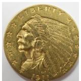 1911 $2.50 Indian Head Quarter Eagle Gold Coin