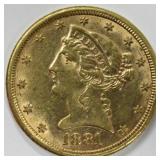 1881 $5 Liberty Head Half Eagle Gold Coin