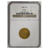 1854 $3 Indian Princess Gold Coin - NGC F12
