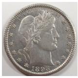 United States 1893-O Silver Barber Quarter AU-BU