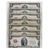 (7) United States 1928 Red Seal $2 Bills