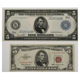 1914 US $5 & 1963 $5 Federal Reserve Notes