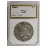 1934-S Peace Dollar Graded VF30 Cleaned By PCI