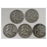 (5) 90% Silver Franklin Half Dollars