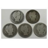 5- Barber Silver Half Dollars